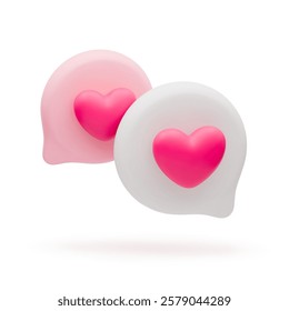 3D love message icon. Realistic social media romantic concept. Dating chat frame with hearts, love emoji 3d sign. Speech bubble with love hearts. Romantic dialog, balloon frame isolated on white