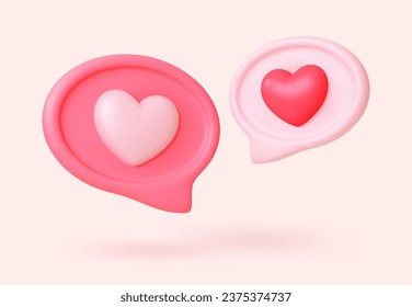 3d love message, social media notification icons. Romantic dialog speech bubble, red hearts postcard. Valentines day render pithy vector banner