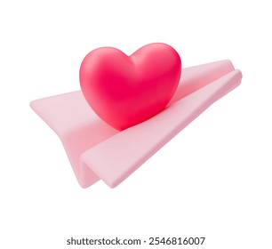 3D love paper plane with heart inside. Paper flying airplane. Vector symbol of love message for Happy Mothers, Valentines Day greeting card design. Love delivery illustration on white background