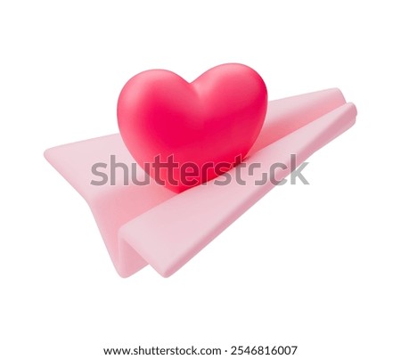 3D love paper plane with heart inside. Paper flying airplane. Vector symbol of love message for Happy Mothers, Valentines Day greeting card design. Love delivery illustration on white background