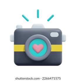 3d love photo camera icon vector. Camera icon with a heart symbol on the len. 3d love, valentine day and wedding photographer concept. Isolated on white background. 3d icon vector render illustration.