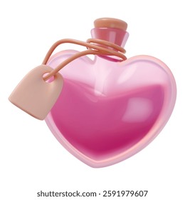 3D Love Potion with Label and Pink Liquid. Love symbol, romantic concept. Realistic vector illustration. 3D rendering icon