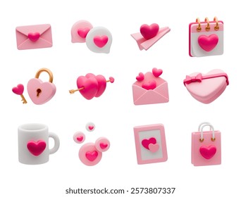 3D love set. Valentine's day realistic vector concept. Love icons for declaration of love, romantic date, anniversary. Heart, gift, romantic letter, cup, card and other love symbol on white background