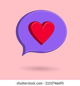 3D love speech balloon icon vector illustration, with purple background, favorite post on media social