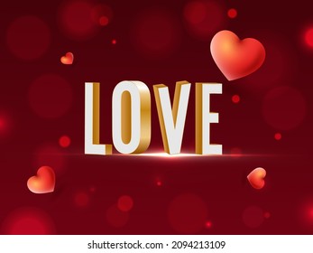 3D Love Text With Glossy Hearts On Red Bokeh Background.