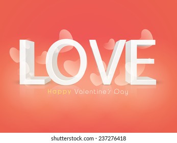 3D Love text on hearts decorated background for Happy Valentine's Day celebration.