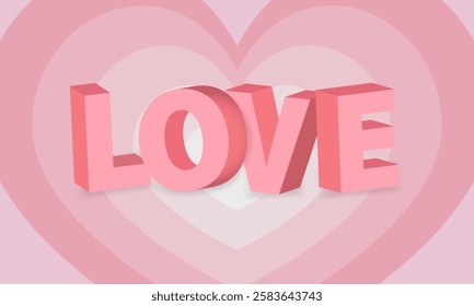 3D Love text in retro typography style on a pink romantic background with a heart. Vector illustration.