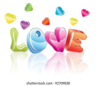 3d love word with hearts, vector