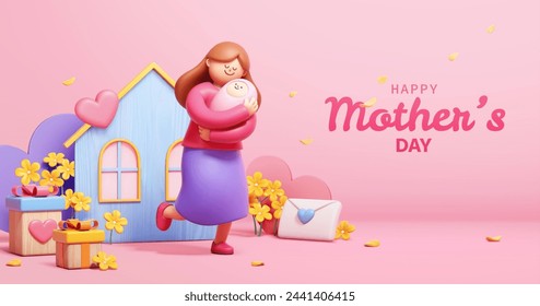 Afiche del Día de las Madres Encantadoras 3D. Madre sosteniendo al bebé sobre fondo rosa con flores y decorados festivos.