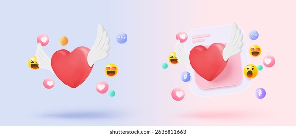 3D lover on cyberspace social online platform. relationship with heart and love emoji on speech icon, like and surprise in red bubble. 3d passion heart icon vector render illustration