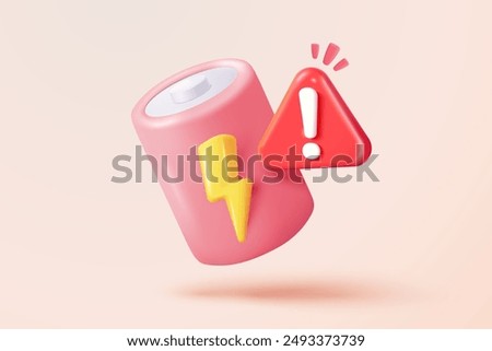 3d low battery pictogram with warning status isolated on background. Level energy power, sign charge indicator lightning for power fuel is out of charge. 3d solar cell icon vector render illustration