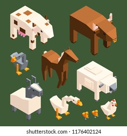 3D low poly animals. Vector isometric farm animals isolate. Illustration of bull and goose, goat and chicken