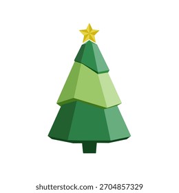 3D Low Poly Christmas Tree Icon with Golden Star Vector