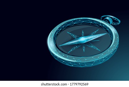 3D low poly compass. Business strategy problem solution concept. Journey travel direction destination banner. World exploration creative idea vector illustration
