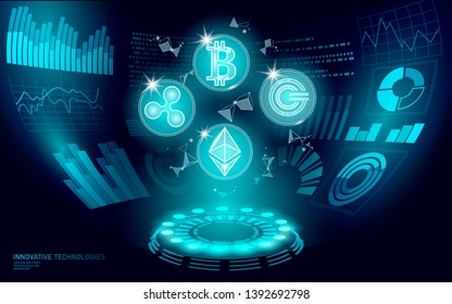 3D low poly digital cryptocurrency HUD display. Future web online payment. Big data information exchange technology. Blue abstract web internet electronic payment UI vector illustration