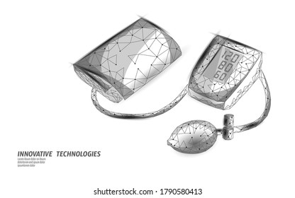 3D-Low-Poly-Elektronik-Tonometer zur Messung des Blutdrucks. Analyse der medizinischen Versorgung. Kontroll-Prüfmedizin, Vektorgrafik