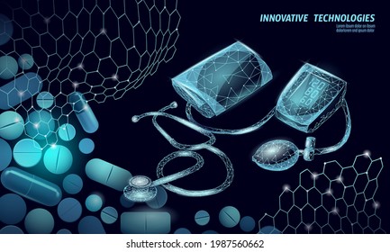 3D-Low-Poly-Elektronik-Tonometer zur Messung von Blutdruckmedikamenten Kapsel. Medizinische Gesundheitspflegeanalyse-Technologie. Kontroll-Prüfmedizin, Vektorgrafik