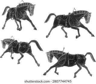 3D low poly graphic element bundle of a majestic brown stallion war horse equipped with historical military barding armor and ride gear setup