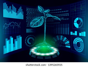 3D Low Poly Green Plant HUD UI Display. Future Polygonal Triangle Point Line Ecology Problems Solution Abstract Biology Genome Engineering Vector Illustration Future Business Technology
