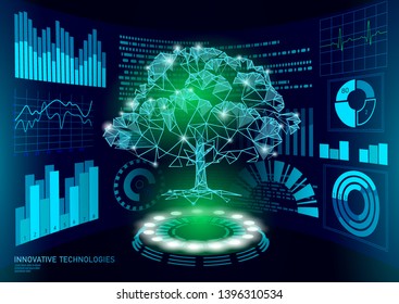 3D Low-Poly-grüner Pflanzenbaum HUD UI-Display. Künftige polygonale Dreieck-Punkte-Ökologie-Probleme lösen abstrakte Biologie. Gentechnik, Vektorgrafik der zukünftigen Business-Technologie