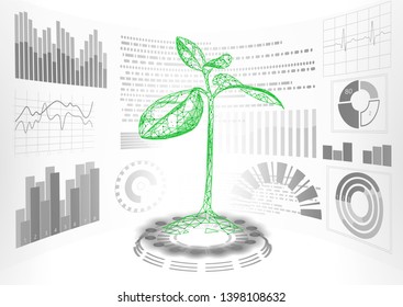 3D low poly green plant HUD UI display. Future polygonal triangle point line ecology problems solution abstract biology genome engineering vector illustration future business technology