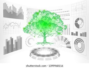 3D low poly green plant tree HUD UI display. Future polygonal triangle point line ecology problems solution abstract biology. Genome engineering vector illustration future business technology