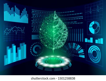 3D low poly green plant HUD UI display. Future polygonal triangle point line ecology problems solution abstract biology genome engineering vector illustration future business technology