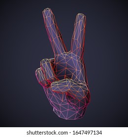 3D low poly human hand showing victory or freedom gesture on dark background. Polygonal hand with raised up fingers show number two. Positive emotion and business success concept. Vector illustration.