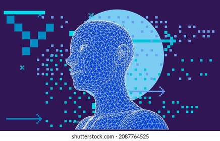 3D low poly human head made of triangular particles on glitched background. Concept illustration of Artificial intelligence and Neural Network.