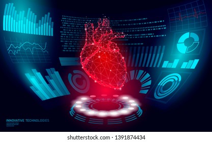 3D Low Poly Human Heart HUD Display Doctor Online. Future Technology Medicine Laboratory Web Examination. Blood System Disease Diagnostics Futuristic UI Vector Illustration