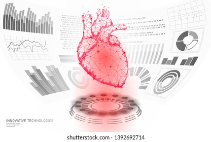3D low poly human heart HUD display doctor online. Future technology medicine laboratory web examination. Blood system disease diagnostics futuristic UI vector illustration