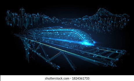 3d low poly illustration of moving high-speed train on rail bridge. Transport, travelling, logistics, tourism concept isolated in black. Abstract vector mesh with lines, dots and blue particles 
