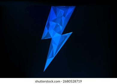 Un rayo de poli bajo 3D que brilla con una luz de neón azul sobre un fondo digital oscuro. 