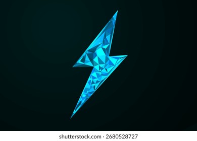 Un rayo de poli bajo 3D que brilla con una luz de neón azul sobre un fondo digital oscuro. 
