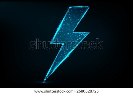 A 3D low poly lightning bolt glowing with a blue neon light on a dark digital background. 