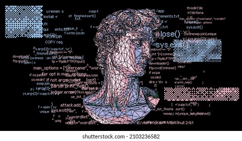 3D low poly model of a bust sculpture of a human head on a dark background with lines of random program source code.
