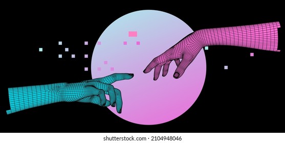 3D low poly model of hands going to touch together. Vaporwave style illustration.