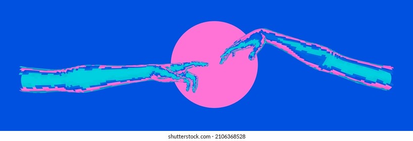 3D low poly model of hands going to touch together. Vaporwave style illustration.