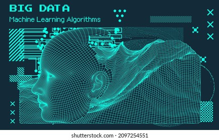 3D low poly model of a human head and electronic circuit. Conceptual illustration of Artificial intelligence and Cyber Security.