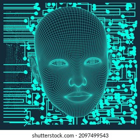 3D low poly model of a human head and electronic circuit. Conceptual illustration of Artificial intelligence and Cyber Security.