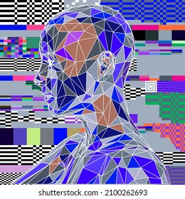 3D low poly model of a human head on pixelated and glitched background. Conceptual illustration of Artificial intelligence and Cyber Security.