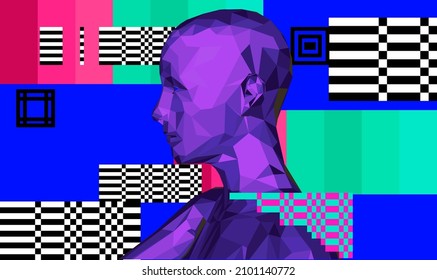 3D low poly model of a human head on pixelated and glitched background. Conceptual illustration of Artificial intelligence and Cyber Security.