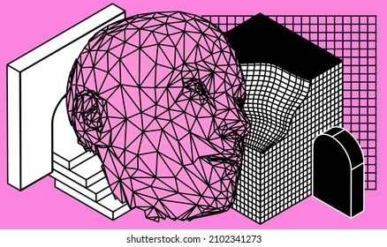 3D low poly model of a human head.