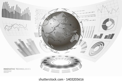 3D low poly planet Earth virtual reality HUD UI display. Future technology polygonal global international communication. Blue world map Asia China Japan Indonesia vector illustration
