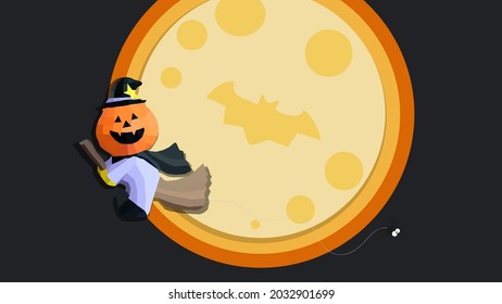 3D low poly pumpkin head doll in witch costume flying on broom with spider in a sky at night.Fullmoon background.Happy Halloween concept.Illustration and vector.