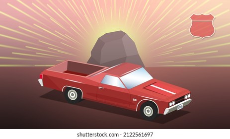 3d low poly red sports car retro pickup on the background of a large stone and rays. Vintage vector poster