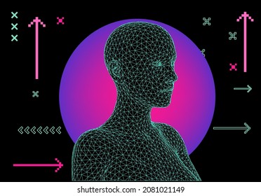 3D low poly wireframe model of a human head. Concept for Machine Learning, Artificial intelligence and Neural Networks themes.