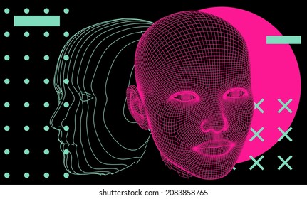 3D low poly wireframe model of a human head.