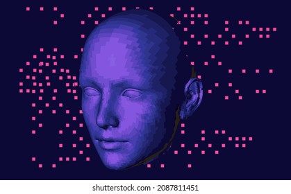 3D low poly wireframe model of a human head made of triangular particles on glitched background. Concept illustration of Artificial intelligence and Neural Network.