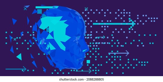 3D low poly wireframe model of a human head made of triangular particles on glitched background. Concept illustration of Artificial intelligence and Neural Network.